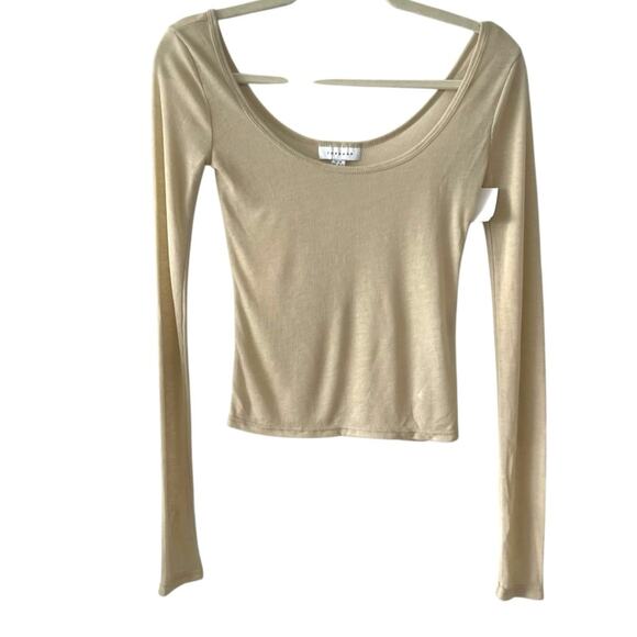 NWT Topshop Long-Sleeve Semi-Sheer Ribbed Top | XS | Beige Neutral Tan - Picture 1 of 5